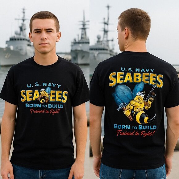 US NAVY Men's L Sea Bees United States USN Born To Build Premium T-Shirt Black - Picture 3 of 10